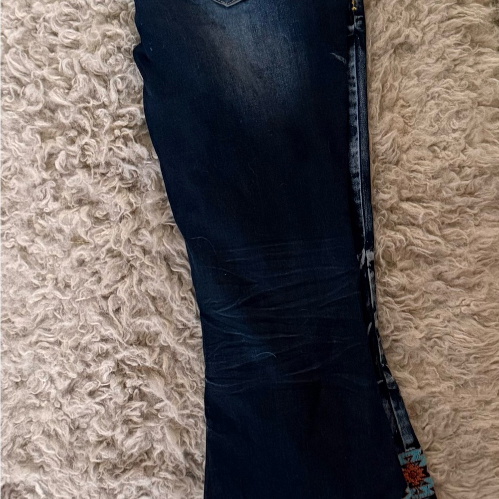 Cowgirl Tuff Dark Wash Flare Jeans with Turquoise & Red Embroidery - Picture 2 of 5